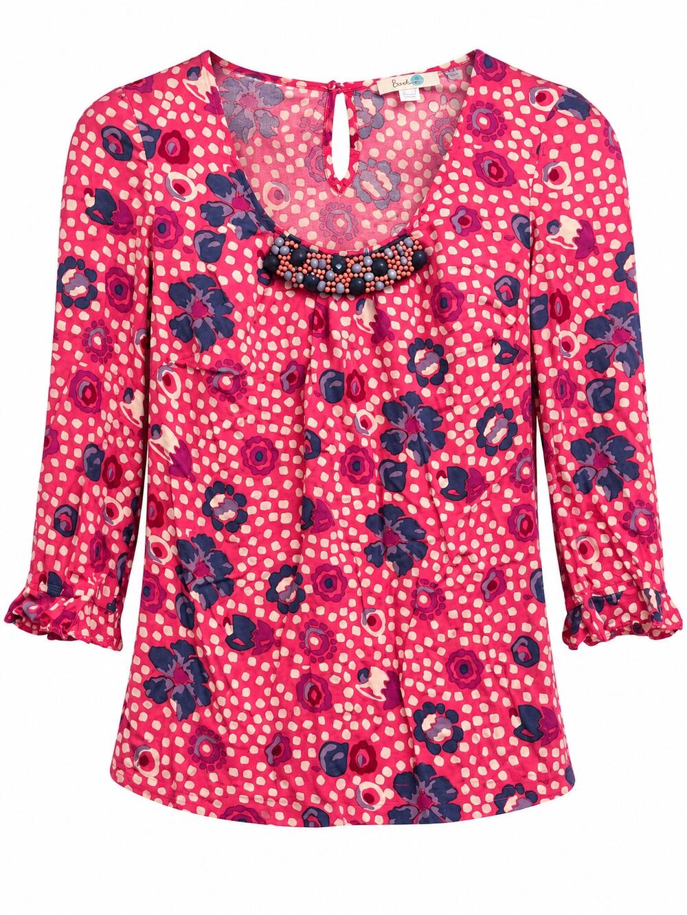 Boden Women's US 2 Pink Floral Beaded Neckline Blouse 3/4 Sleeve Viscose Top